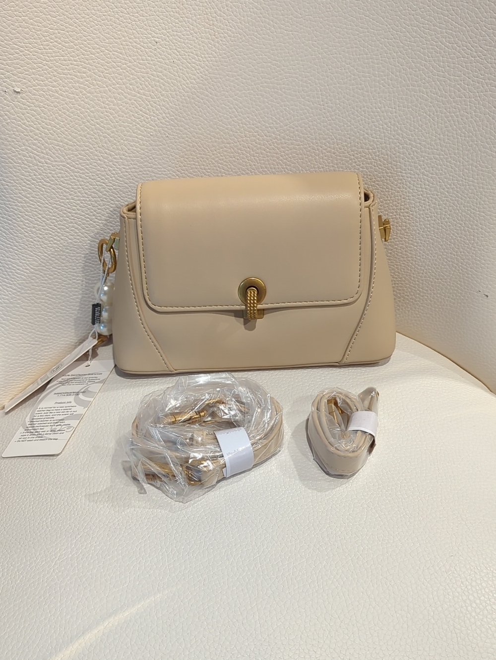Neutral Beige Crossbody Bag with Gold-Tone Accent